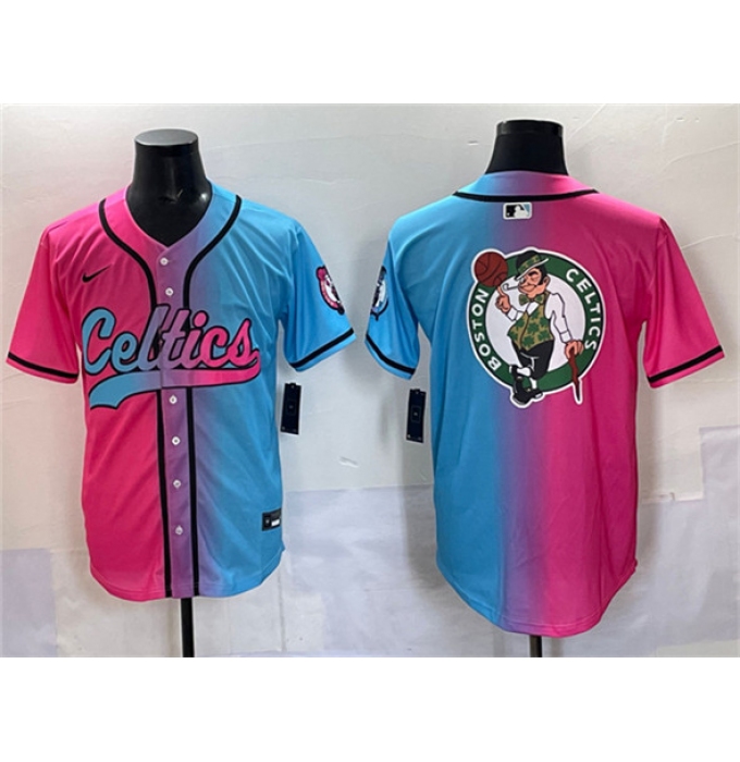Men's Boston Celtics Team Big Logo Pink Blue Limited Stitched Baseball Jersey