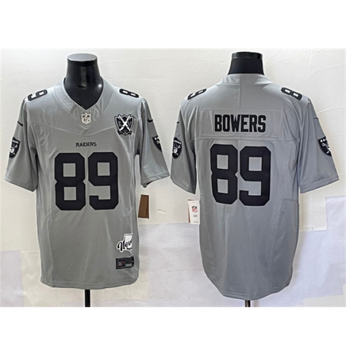 Men's Las Vegas Raiders #89 Brock Bowers Gray 2024 F.U.S.E With Nevada Silver Stat And 65th Anniversary Stitched Football Jersey