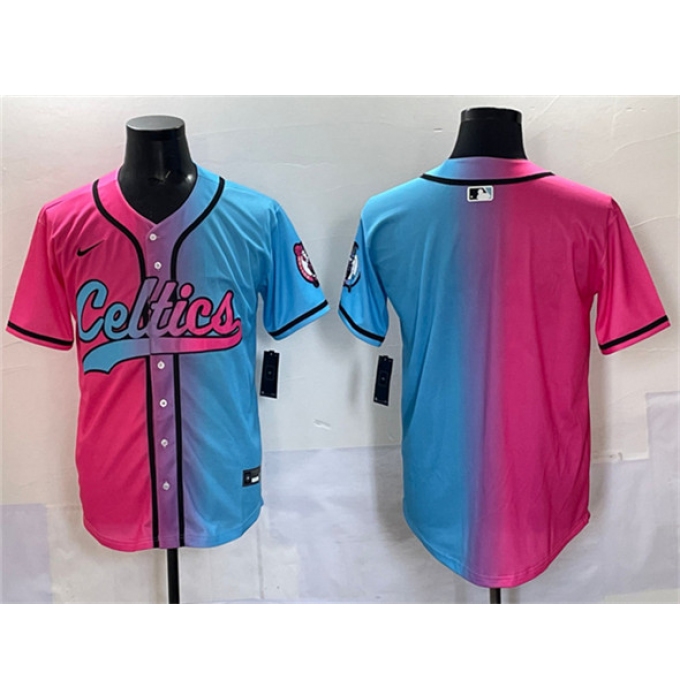 Men's Boston Celtics Blank Pink Blue Limited Stitched Baseball Jersey