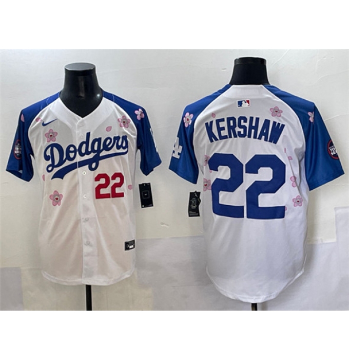 Men's Los Angeles Dodgers #22 Clayton Kershaw White Royal 2025 Tokyo Series Limited Stitched Baseball Jersey